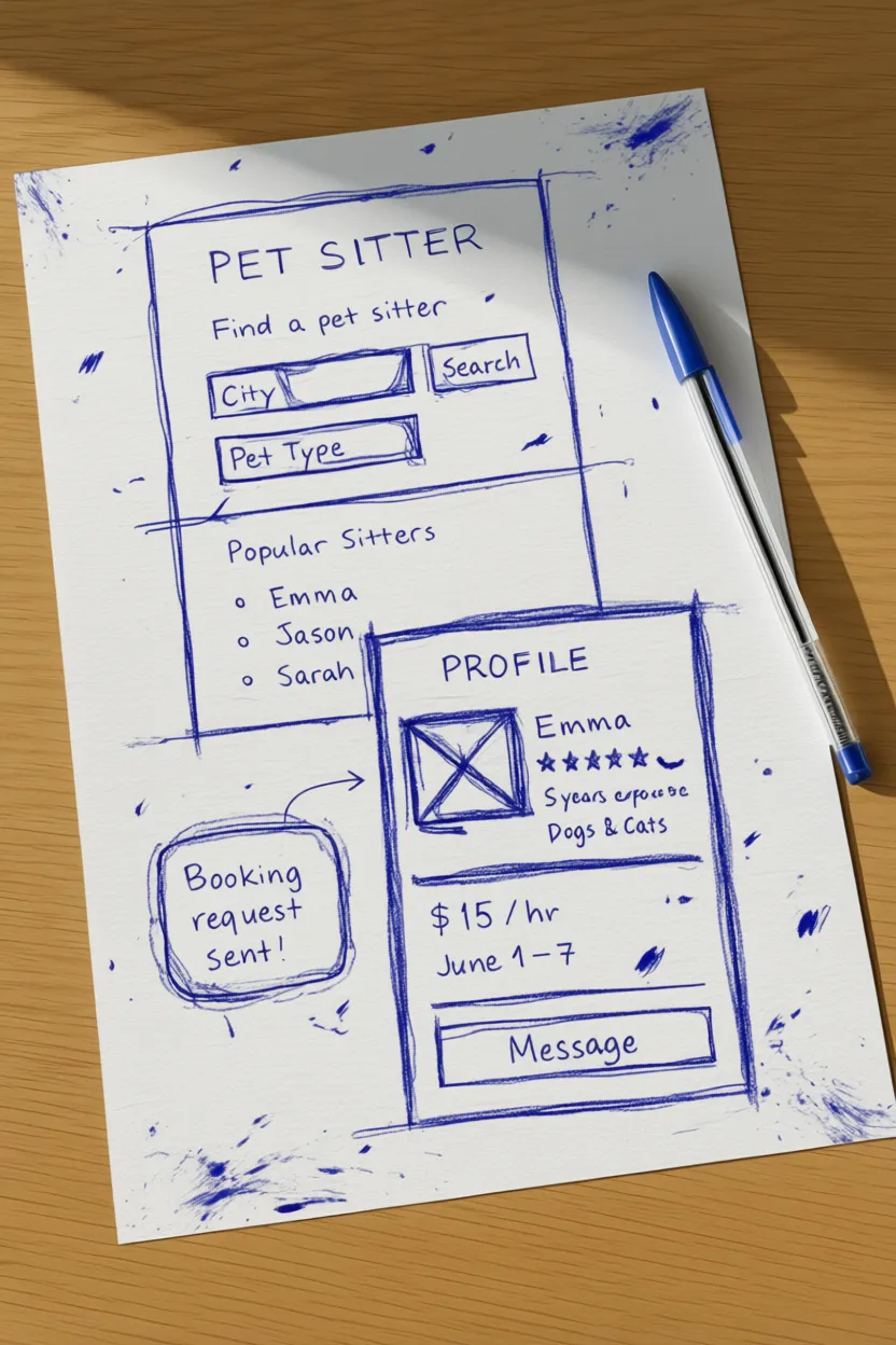 PetSitter Connect - Hand-drawn UI Sketch